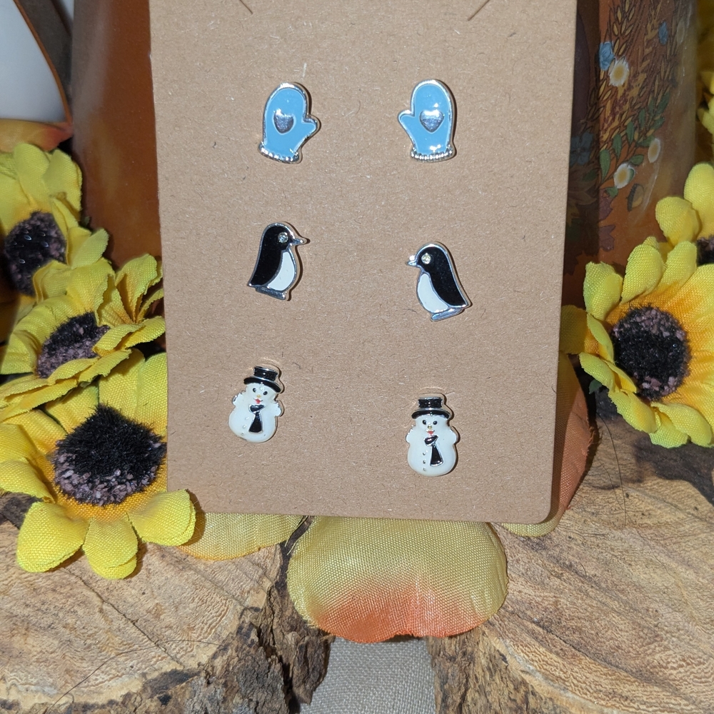 Penguin and Snowman Kids Earrings Set - Blue and Black